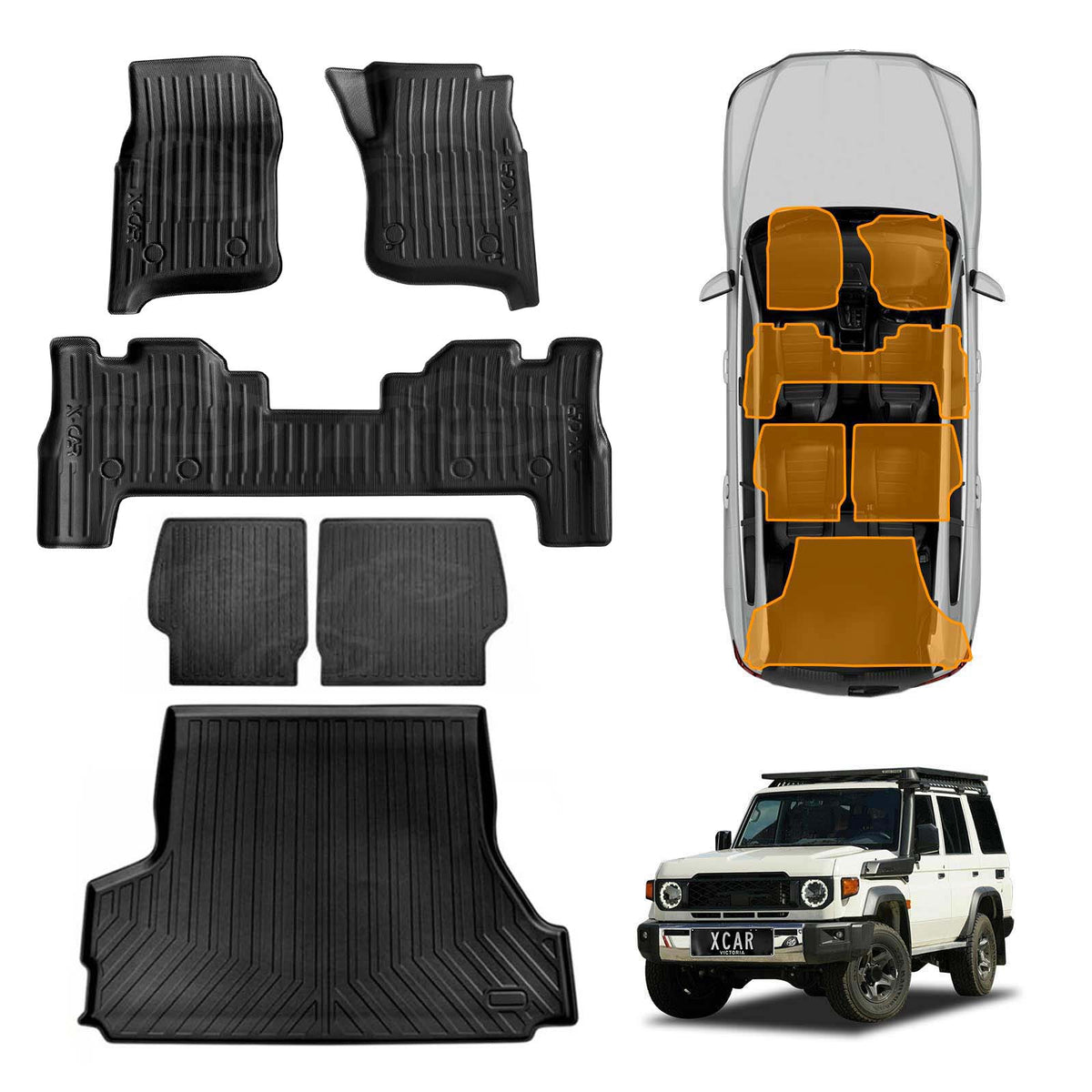 Floor Mats Boot Liner Set for Toyota Landcruiser 70/76 Series 2023-Onwards All Weather Heavy Duty Car Trunk Cargo Kick Back Seat Protector Cover