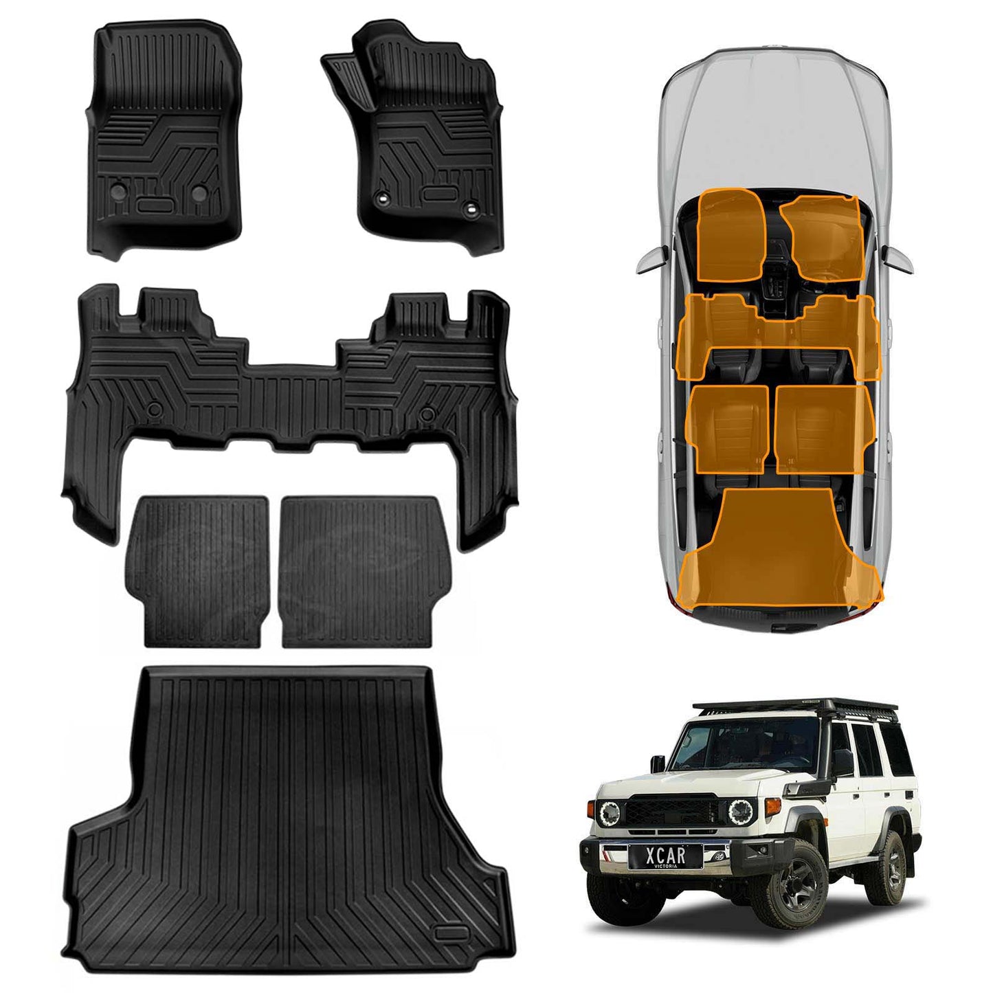 Floor Mats Boot Liner Set for Toyota Landcruiser 70/76 Series 2023-Onwards All Weather Heavy Duty Car Trunk Cargo Kick Back Seat Protector Cover