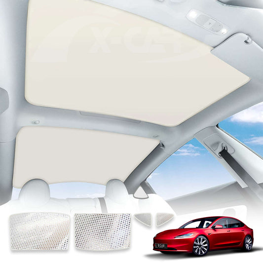 Tesla Model 3 Highland Glass Roof Sunroof Mesh 2023-2025 Sun Blind Shade Sunshade with UV Heat Insulation Film (Cream White)