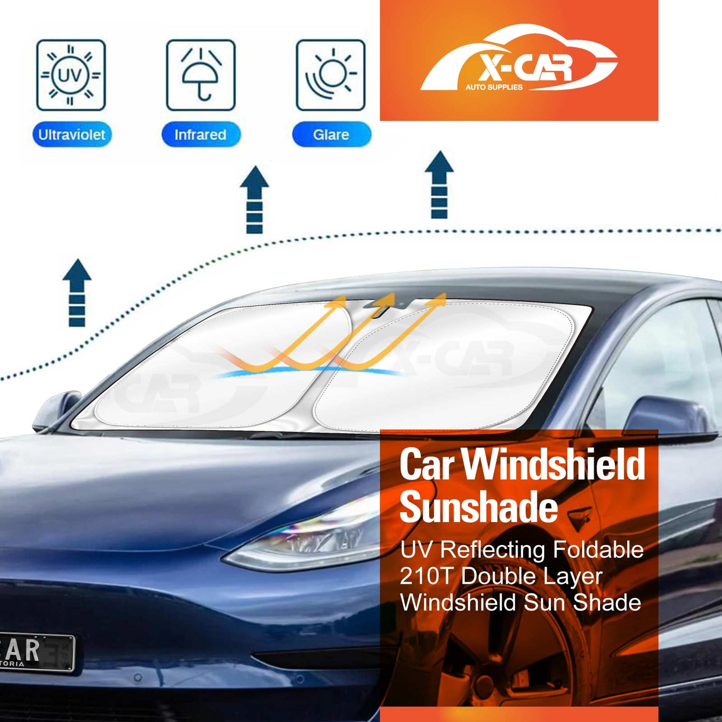 WindScreen Sun Shade for Tesla Model 3 2017-2023 Blocks UV Rays Foldable Custom Sun Visor Protector