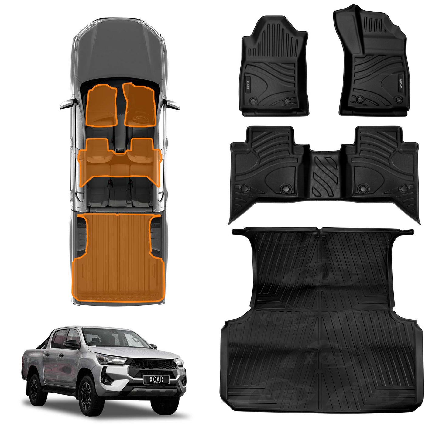 3D Floor Mats Tub Liner Set for Toyota Hilux Dual Cab Auto 2016-2025 J-Deck Heavy Duty All Weather Car Mats