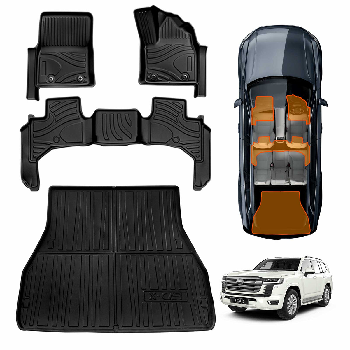 Floor Mats Boot Liner Set for Toyota Landcruiser 300 LC300 2021-Onwards 5-Seater Diesel Heavy Duty All Weather Car Cargo Cover