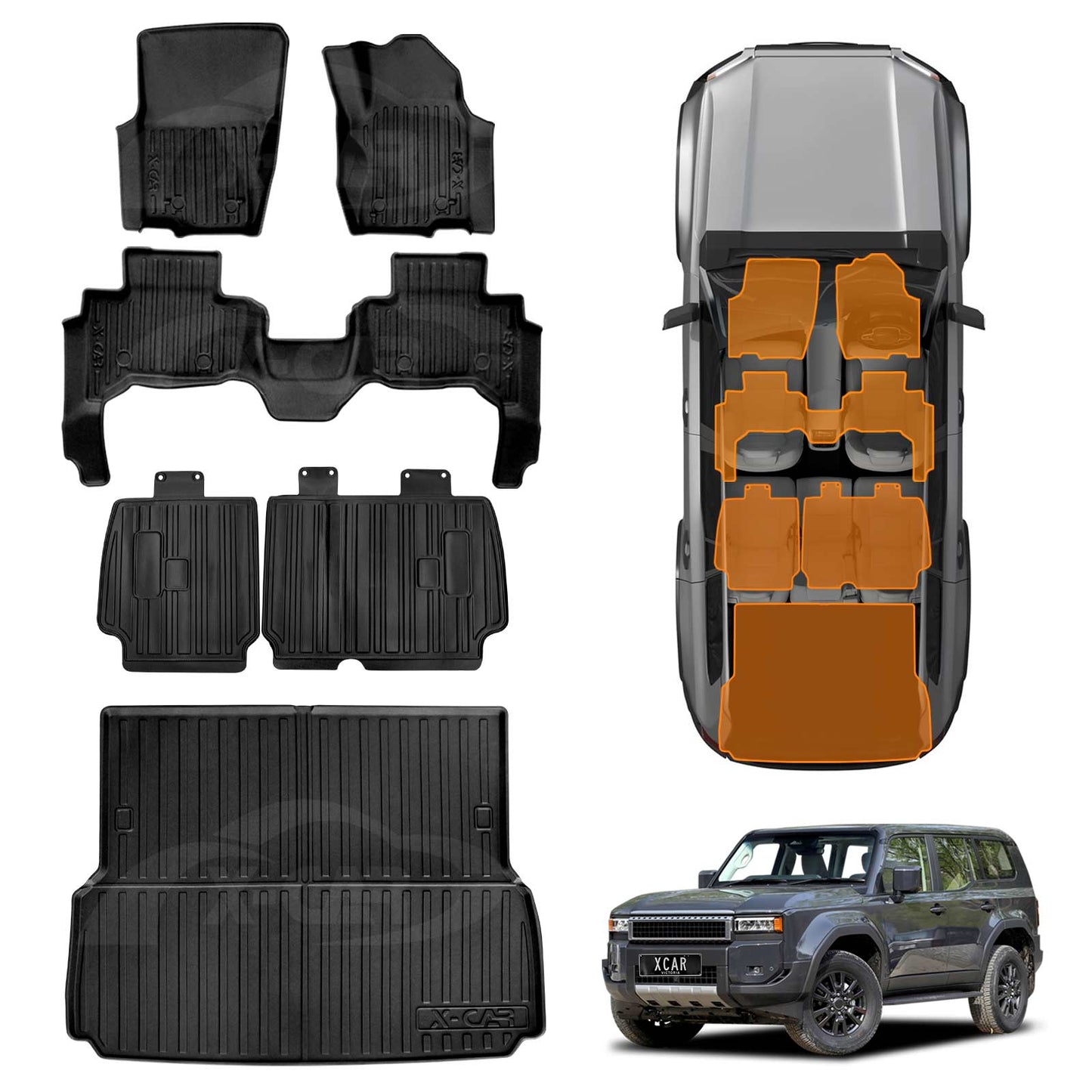 Floor Mats Boot Liner Set for Toyota Prado 250 Series 5-Seater 2024-2025 All Weather Heavy Duty Cargo Kick Mats Back Seat Protector Cover