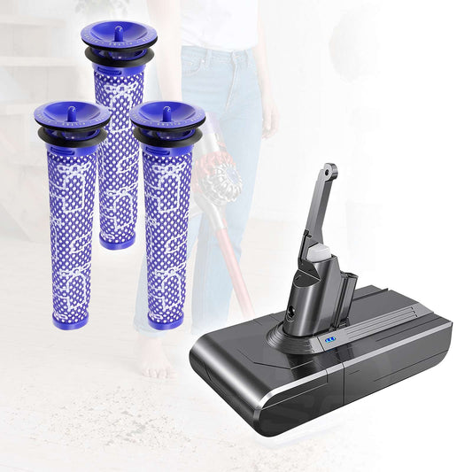 Replacement Battery and 3x Washable Pre Filter for Dyson V8 Absolute/V8 Animal/SV10/214730-01/215866/215681 Handheld Cordless Vacuum