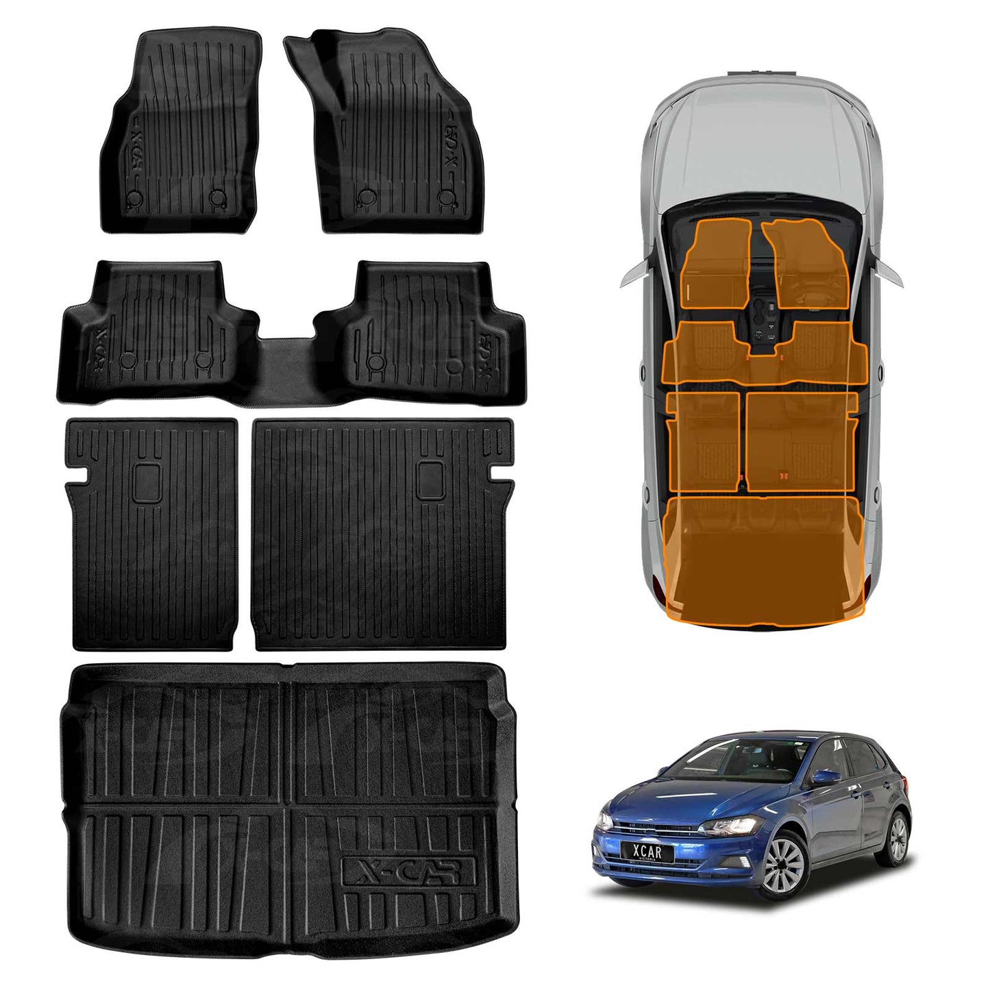 3D Floor Mats Boot Liner Set for Volkswagen Polo MK6 Hatch 2018-Onwards All Weather Heavy Duty Cargo Kick Mats Back Seat Protector Cover