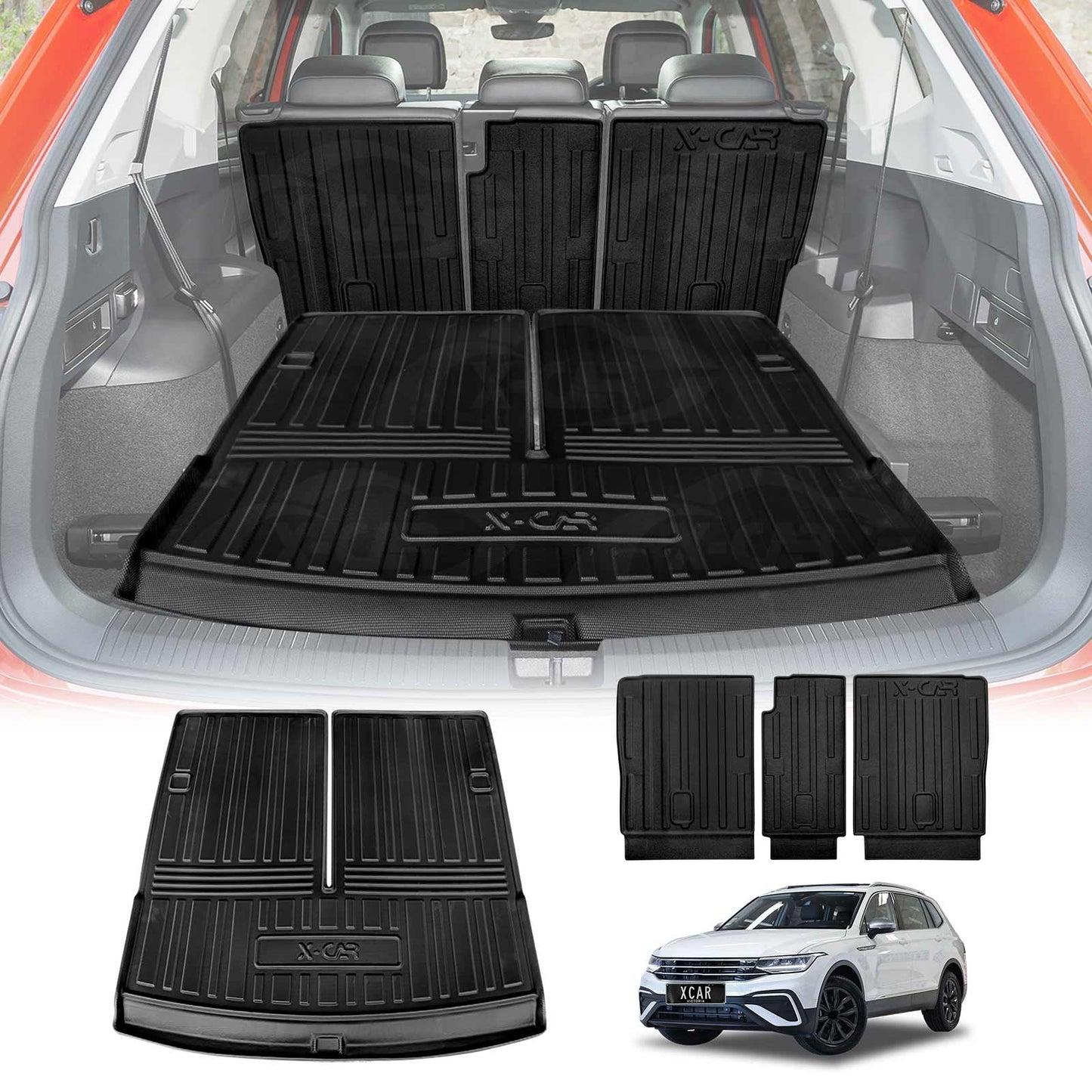 Boot Liner Set for Volkswagen VW Tiguan Allspace 2018-2024 All Weather Heavy Duty Car Trunk Back Seat Protector Cargo Kick Mats