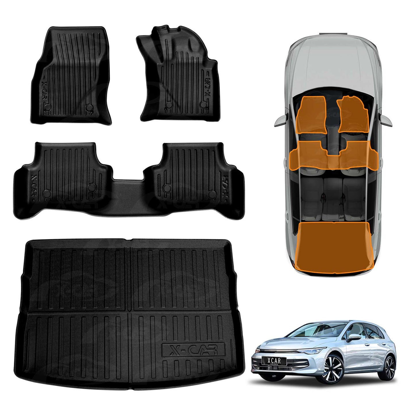 3D Floor Mats Boot Liner Set for Volkswagen VW Golf MK7 MK7.5 MK8 Auto 2013-Onwards All Weather Heavy Duty Cargo Car Trunk Luggage Tray