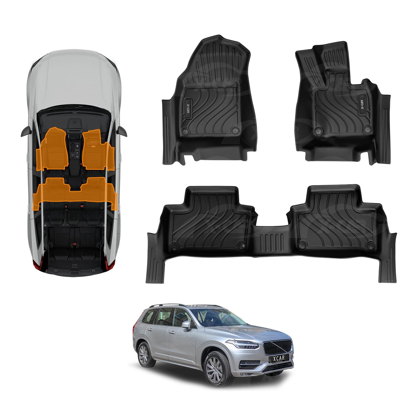 3D Floor Mats for Volvo XC90 Series PHEV 2015-Onwards Heavy Duty All Weather Car Carpet Liner Set Accessories