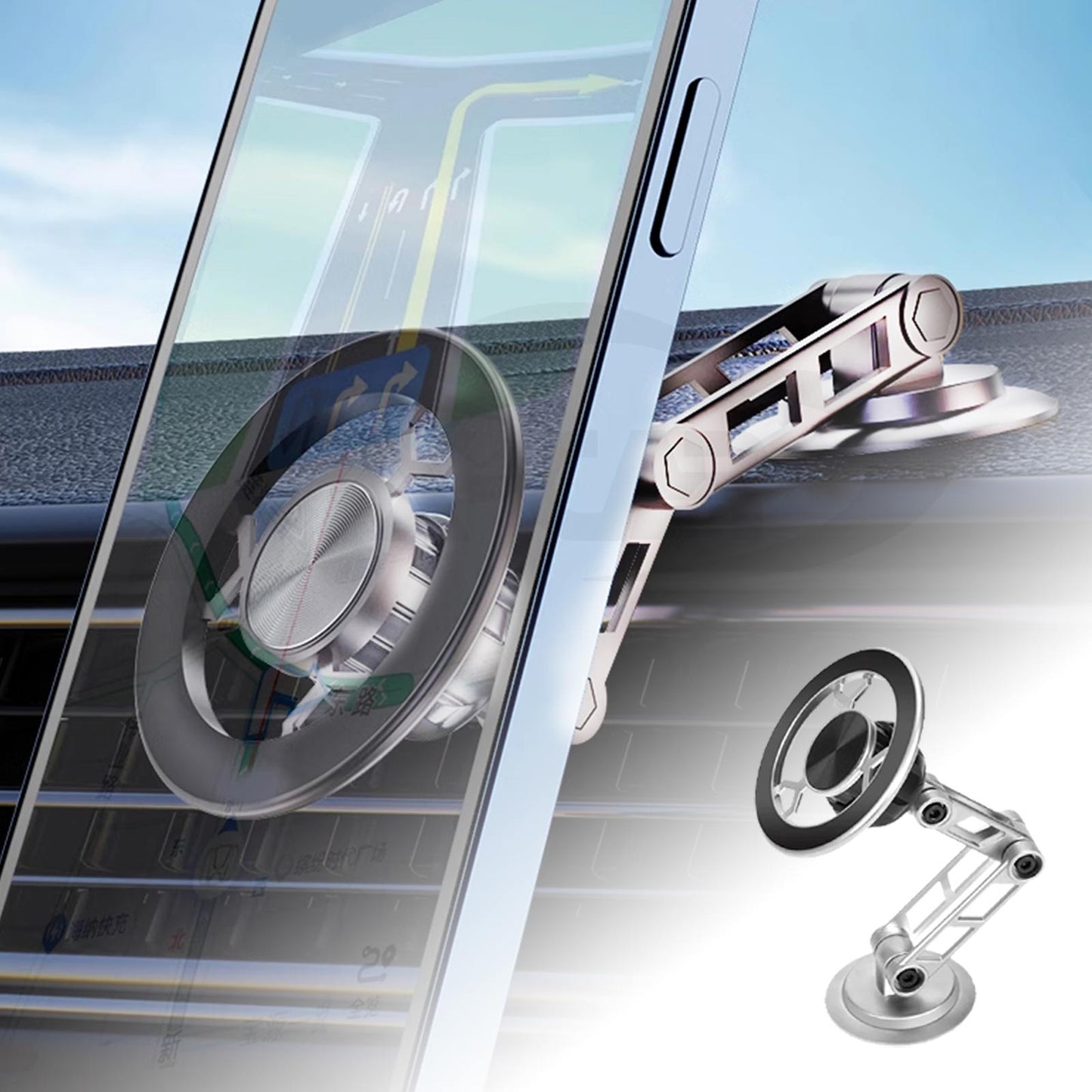 Foldable Magnetic MagSafe Phone Holder for iPhone and Android Adjustable Dashboard & Windshield Mount with Alloy Construction