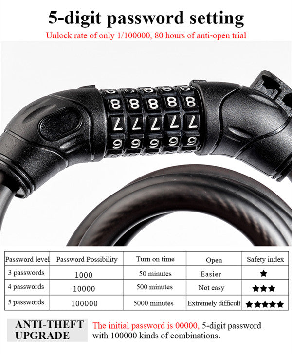 1.8m Bike Bicycle Heavy Duty Steel Security Cable 5 Digit Combination Lock