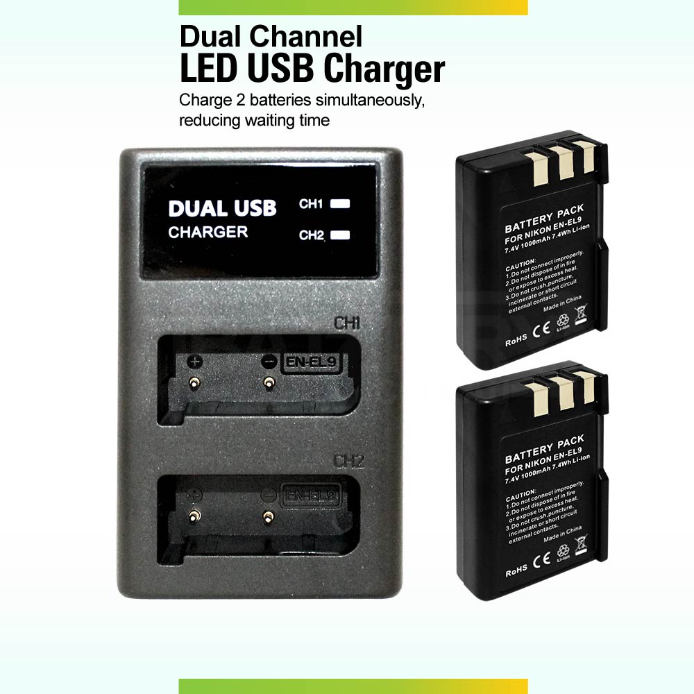 2 Rechargeable Battery External Dual Charger For Nikon D3000 D40 D40A D40C D40x D5000 D60 EN-EL9 EN-EL9a EN-EL9E DSLR-D40A DSLR-D40C Camera