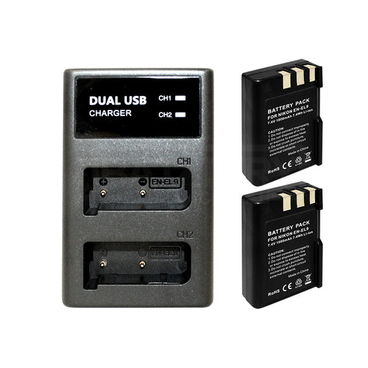 2 Rechargeable Battery External Dual Charger For Nikon D3000 D40 D40A D40C D40x D5000 D60 EN-EL9 EN-EL9a EN-EL9E DSLR-D40A DSLR-D40C Camera