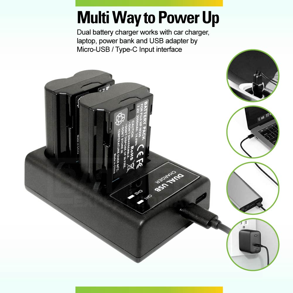 External USB Dual Battery Charger for Fujifilm GFX 100S GFX 50S II X-H2 X-H2S X-T4 X-T5 GFX100S GFX50SII XH2S XT4 XT5 NP-W235 Camera