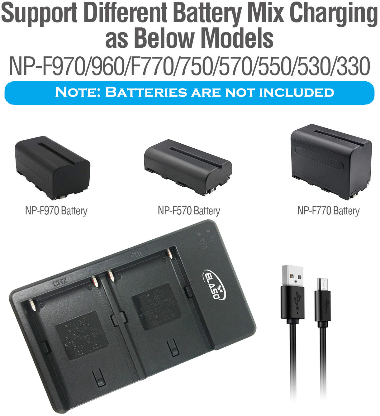 USB Dual Charger for Sony NP-F330, F550, F570, F750, F770, F960, F530, F330, F570, CCD-SC55, TR516, TR716, TR818 Battery