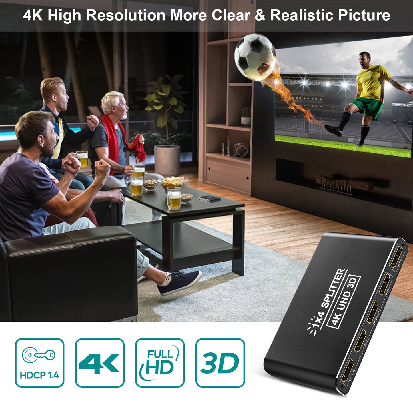 HDMI Splitter 1 in 4 Out 4K Aluminum 1.4 HDCP Supports 4K30HZ 3D 1080P for Xbox PS4 PS3 Fire Stick Blu-Ray Apple TV