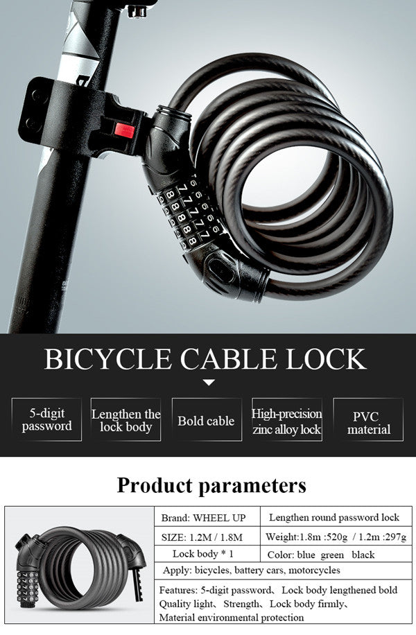 1.8m Bike Bicycle Heavy Duty Steel Security Cable 5 Digit Combination Lock