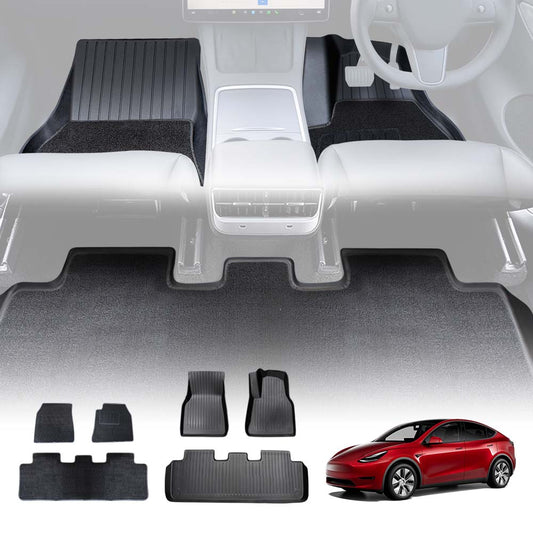 Floor Mats for Tesla Model Y 2022-2025 Premium 3D Heavy Duty All Weather Car Rubber Pile Liner Complete Set Front Rear 2 Row Seat