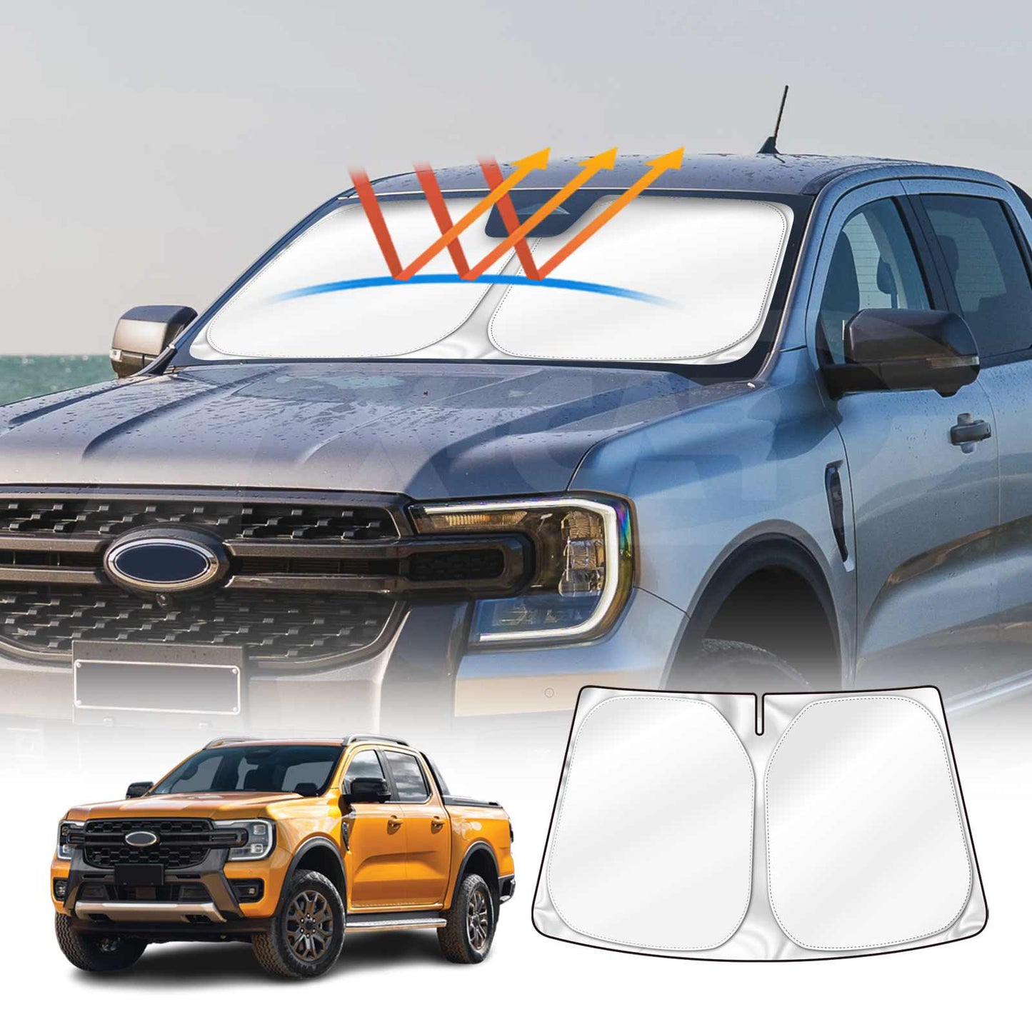 Windshield Sun Shade for Ford Next-Gen Ranger 2022-2024 Blocks UV Rays Foldable Custom Wind Screen Sun Visor Protector