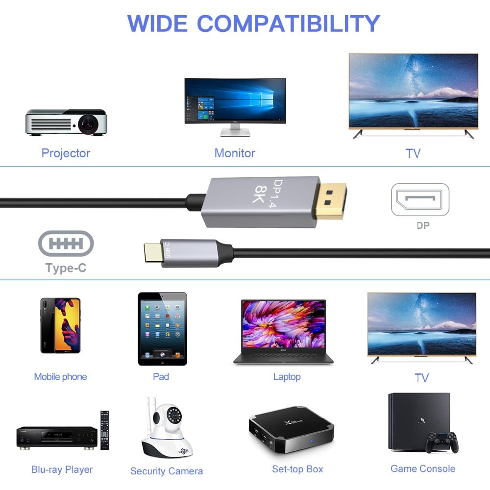 USB-C to DP Cable 1.8m Type-C to DisplayPort 1.4 8K@30Hz 4K@144Hz HDTV Adapter for New MacBook PC Laptop