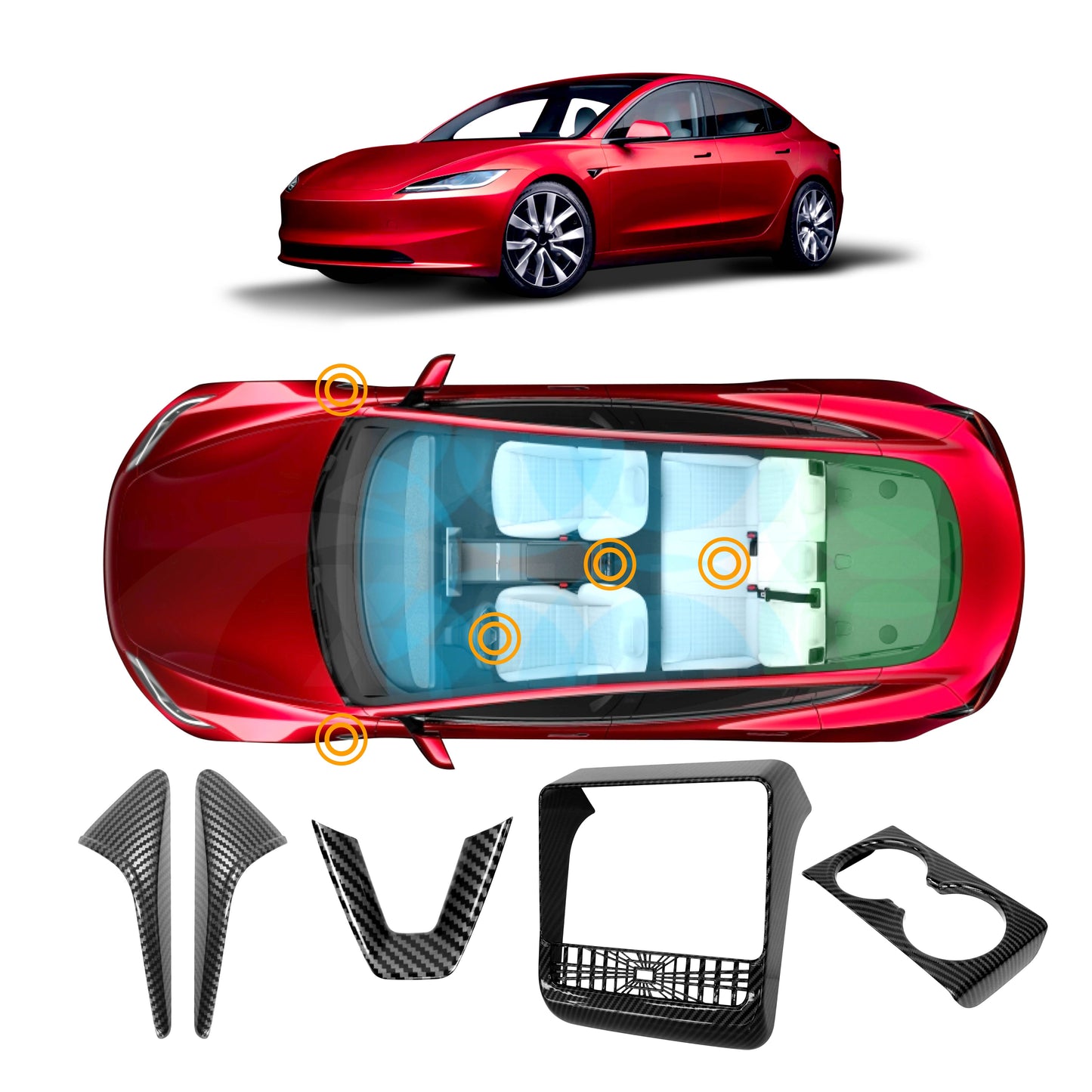 Carbon Fiber Style Panel Trim Set for Tesla Moel 3 Highland 2023-2025 Side View Camera Rear AC Vent Steering Wheel Cup Holder