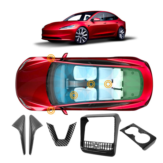 Carbon Fiber Style Panel Trim Set for Tesla Moel 3 Highland 2023-2025 Side View Camera Rear AC Vent Steering Wheel Cup Holder