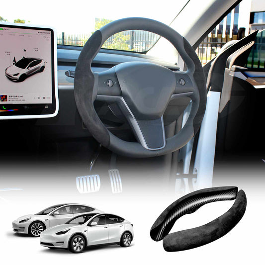 Tesla Model 3 2017-2023 and Model Y 2021-2025 Custom-Fit Steering Wheel Cover Alcantara Plush Black