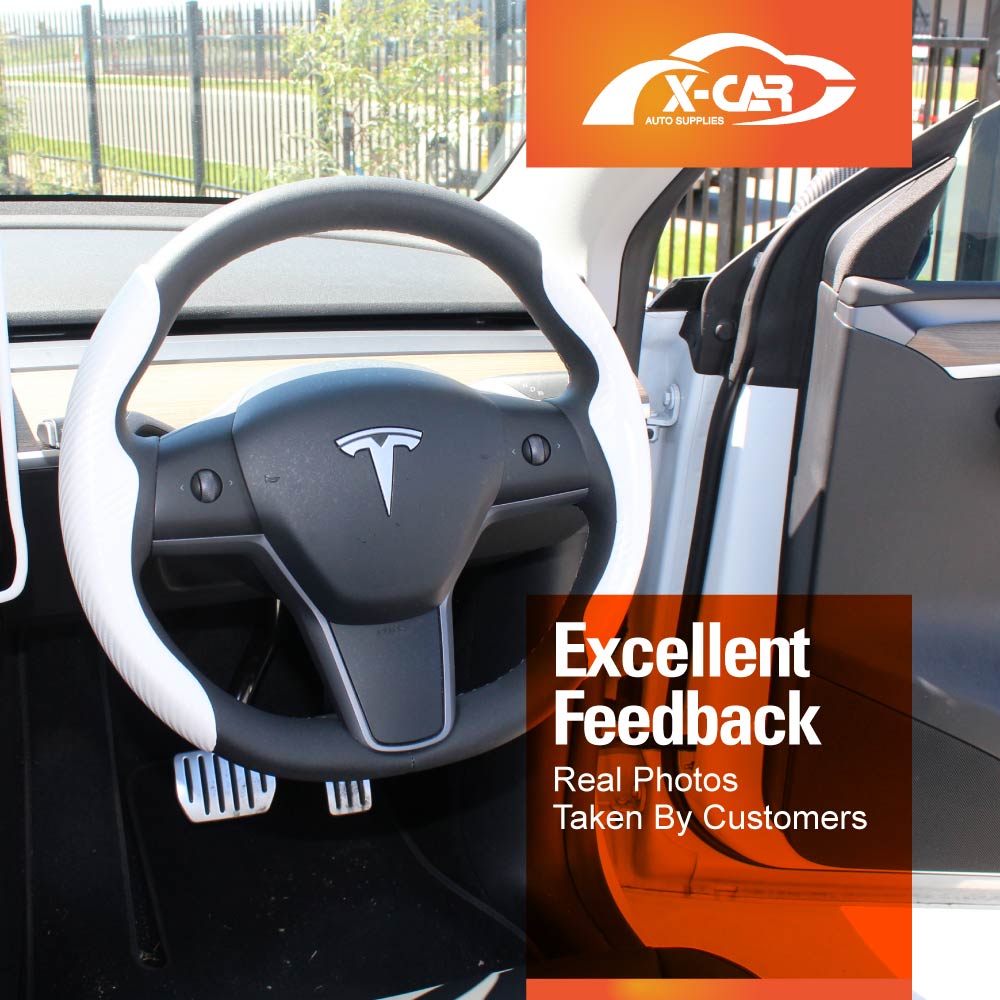 Tesla Model 3 2017-2023 and Model Y 2021-2025 Custom-Fit Steering Wheel Cover Carbon Fiber Pattern White
