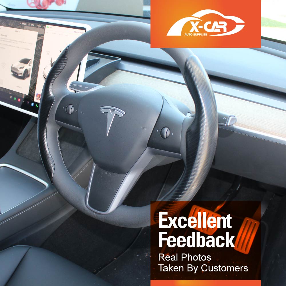 Tesla Model 3 2017-2023 and Model Y 2021-2025 Custom-Fit Steering Wheel Cover Carbon Fiber Pattern Black