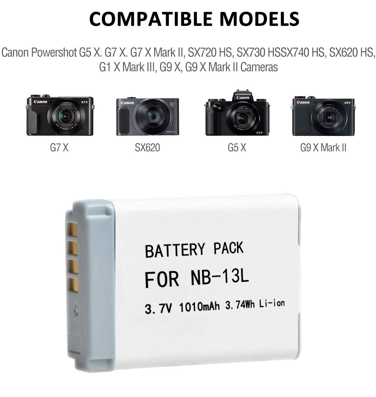 Replacement NB-13L Battery For Canon PowerShot G1X Mark III,G5 X,G7 X,G7 X Mark II,G9 X,G9 X Mark II,SX620 HS,SX720 HS,SX730 HS,SX740 HS