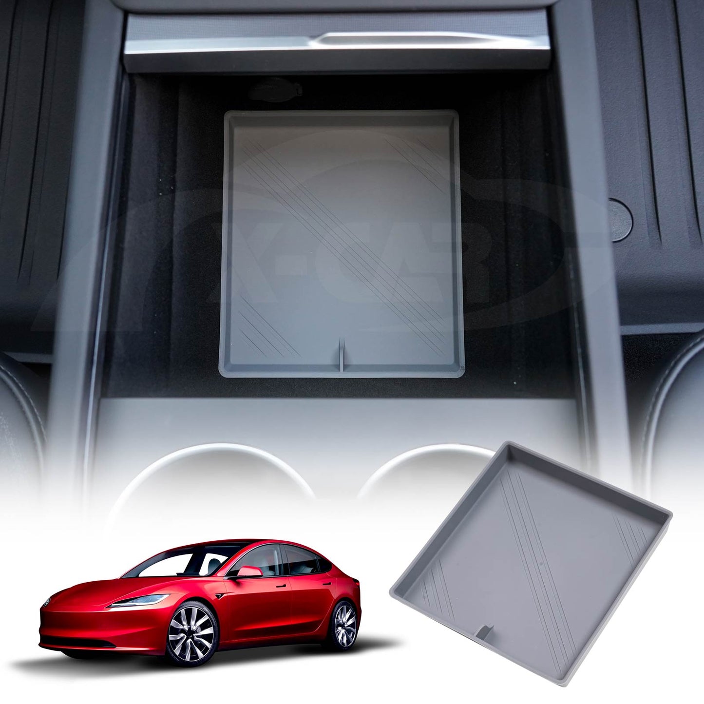 Center Console Organizer Mat for Tesla Model 3 Highland 2023-2025 Grey Soft Silicone Non-Slip Pad