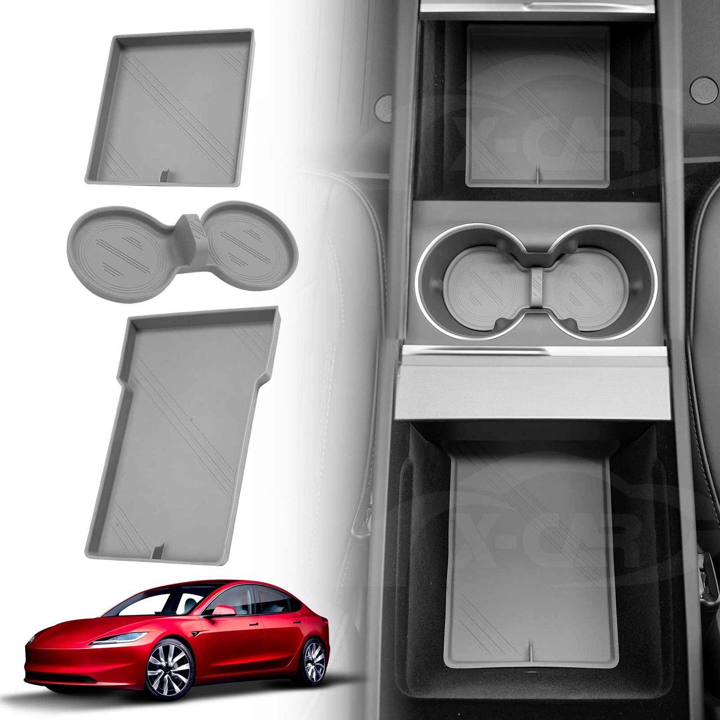 Grey Soft Silicone Organizer Pad Set for Tesla Model 3 Highland 2023-2025 Center Console Armrest Storage Cup Holder Coaster Non-Slip Mat