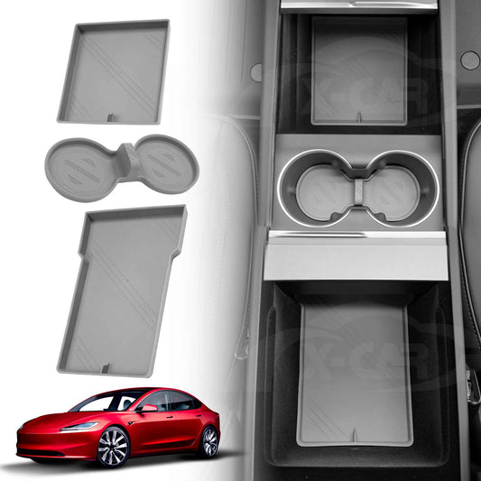 Grey Soft Silicone Organizer Pad Set for Tesla Model 3 Highland 2023-2025 Center Console Armrest Storage Cup Holder Coaster Non-Slip Mat