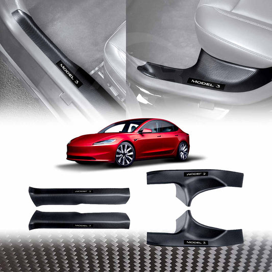 Tesla Model 3 Highland 2023-2025 Carbon Fiber Style Front Rear Door Sill Plate Protector Car Threshold Scuff Trim Covers Guards Accessories