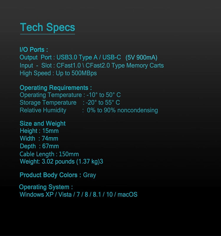 CFast 2.0 Memory Card Reader Writer with USB 3.0/USB Type C Compatible with SanDisk Lexar Transcend Sony Card