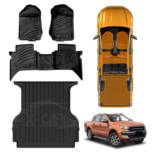 3D Car Floor Mats Tub Liner Set for Ford Ranger Raptor Dual Cab 2018-2021 Heavy Duty All Weather Mats