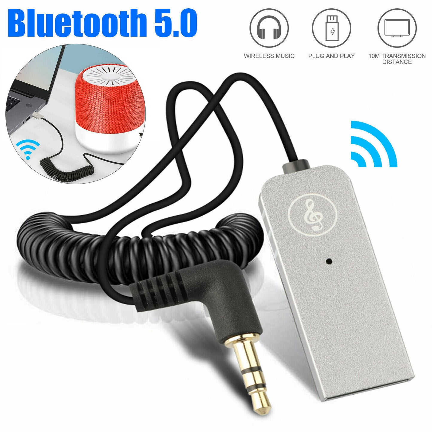 Wireless USB Bluetooth 5.0 Receiver Adapter Cable 3.5mm AUX Audio Car Home PC Built-in microphone