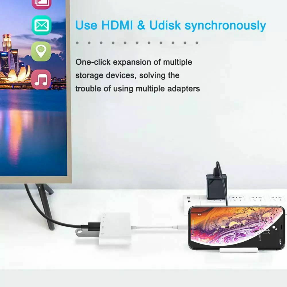 Lightning to HDMI Camera Adapter 5 in 1 USB OTG Memory Reader, SD &TF Card and Charging Port For iPhone/iPad/iPod