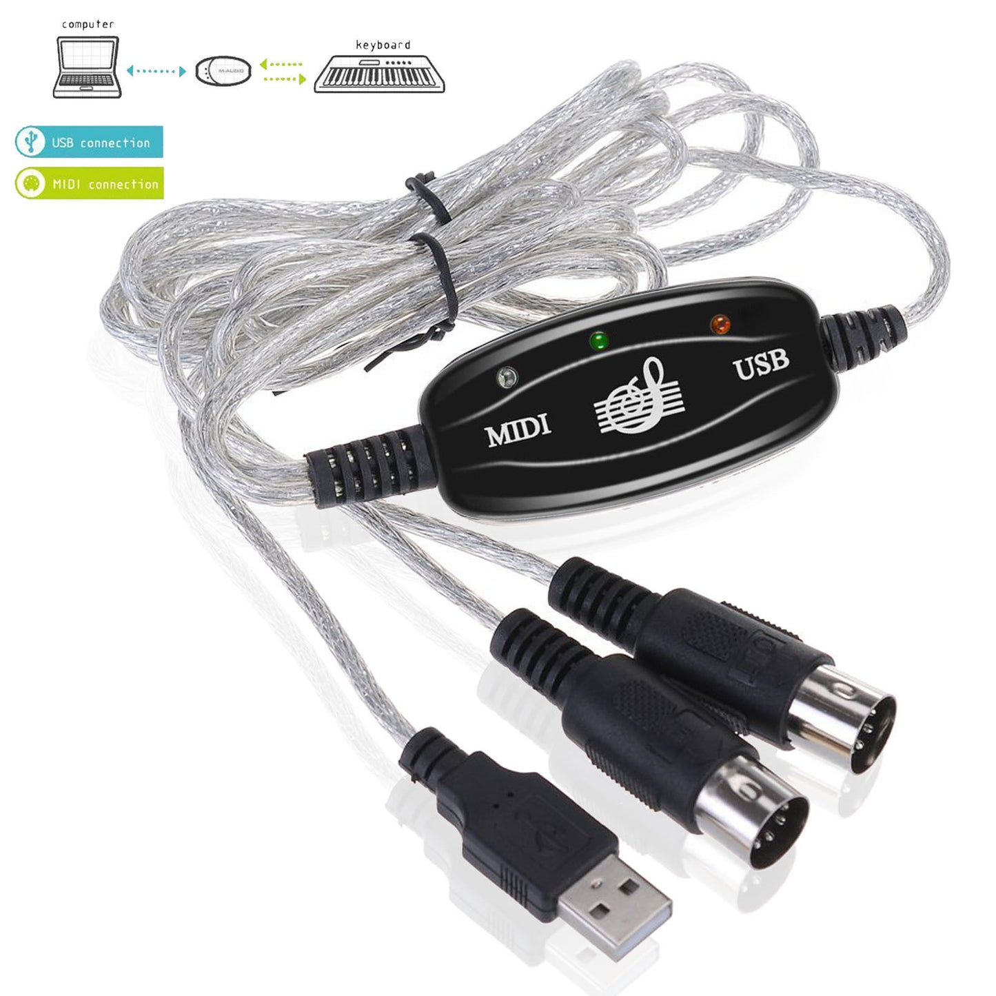 USB IN-OUT MIDI Interface Cable Converter PC to Music Keyboard Adapter Cord