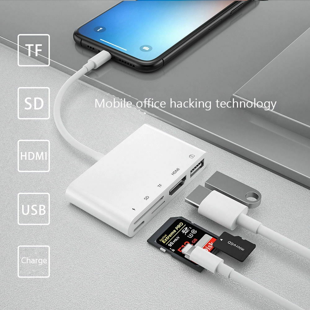 Lightning to HDMI Camera Adapter 5 in 1 USB OTG Memory Reader, SD &TF Card and Charging Port For iPhone/iPad/iPod