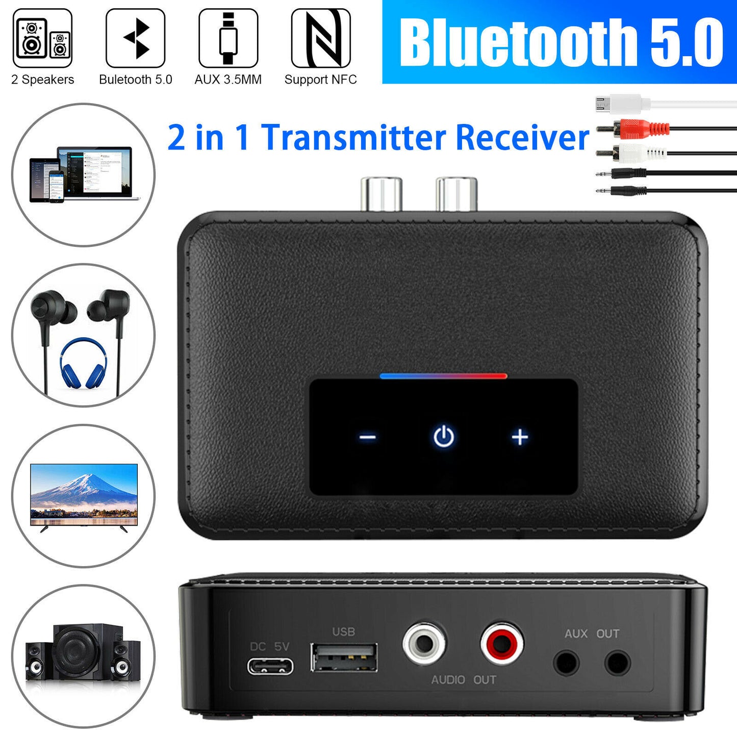 Bluetooth 5.0 Transmitter Receiver HiFi Wireless 3.5mm AUX NFC to 2 RCA Audio Adapter
