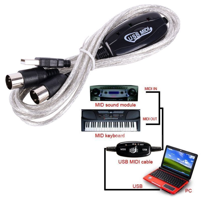 USB IN-OUT MIDI Interface Cable Converter PC to Music Keyboard Adapter Cord