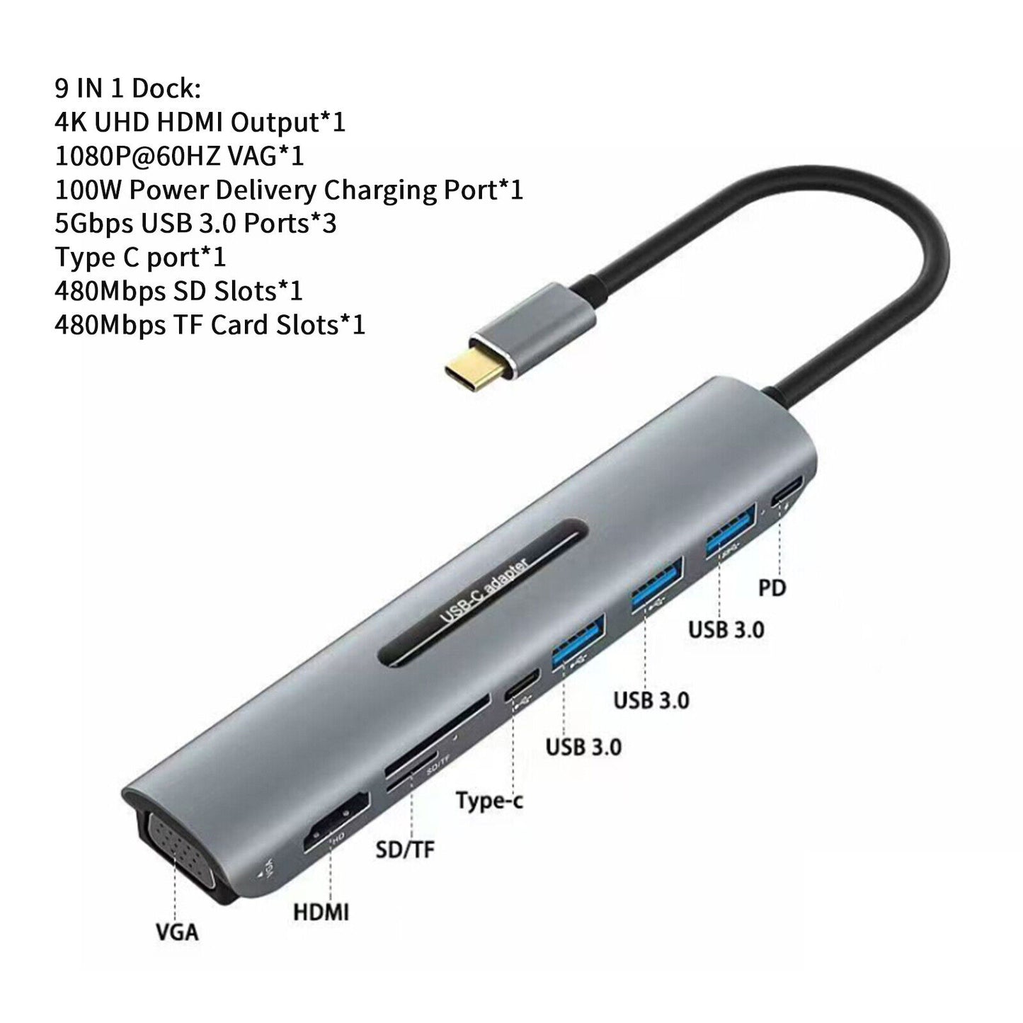 USB Type-C HUB Docking Station 9-in-1 4K HDMI 1080P VGA USB3.0 SD/TF Card 100w PD fast charging USB-C 3.1 Adapter