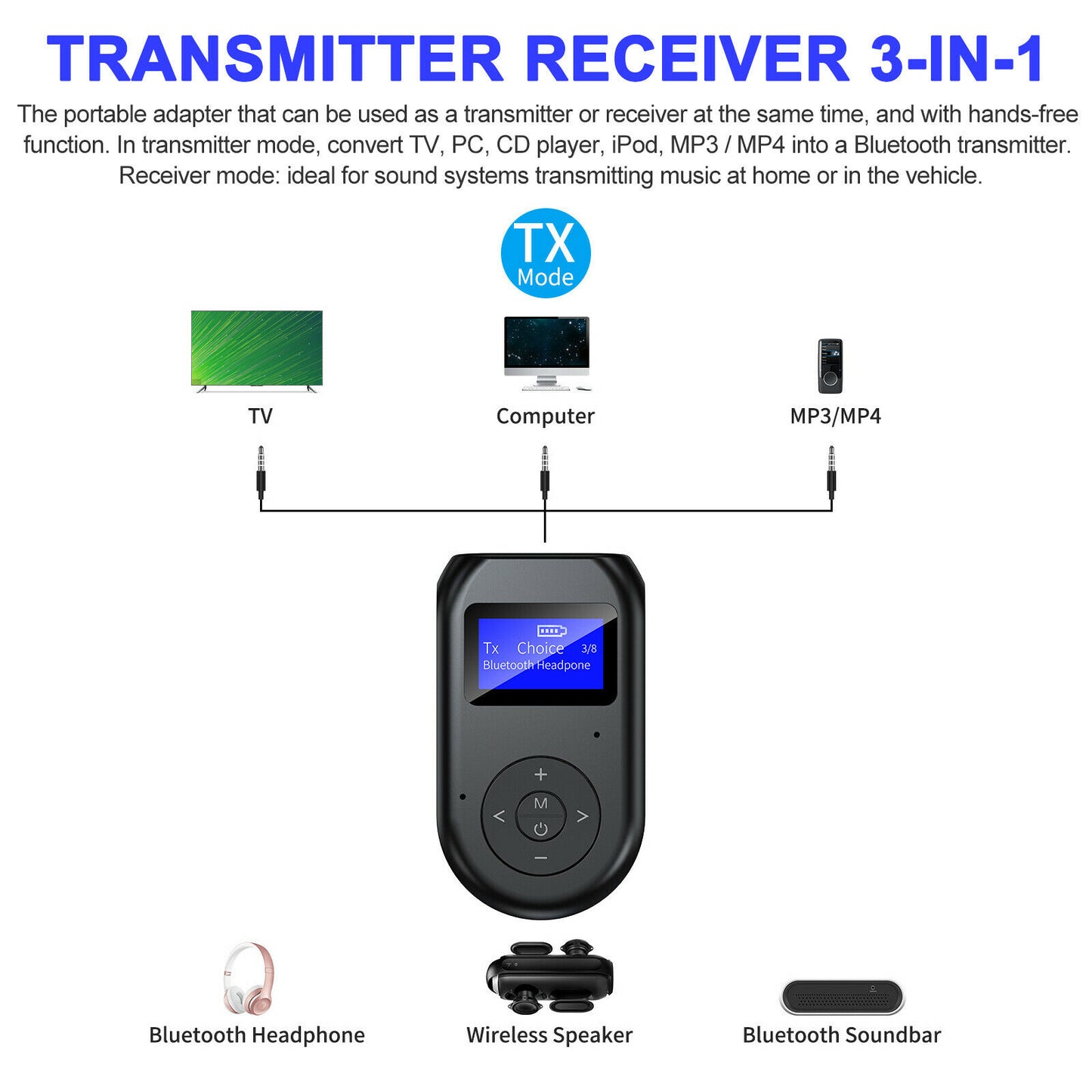 3in1 Bluetooth 5.0 Wireless Audio Adapter Transmitter Receiver with 3.5mm for TV PC Stereo System Headphones Speaker