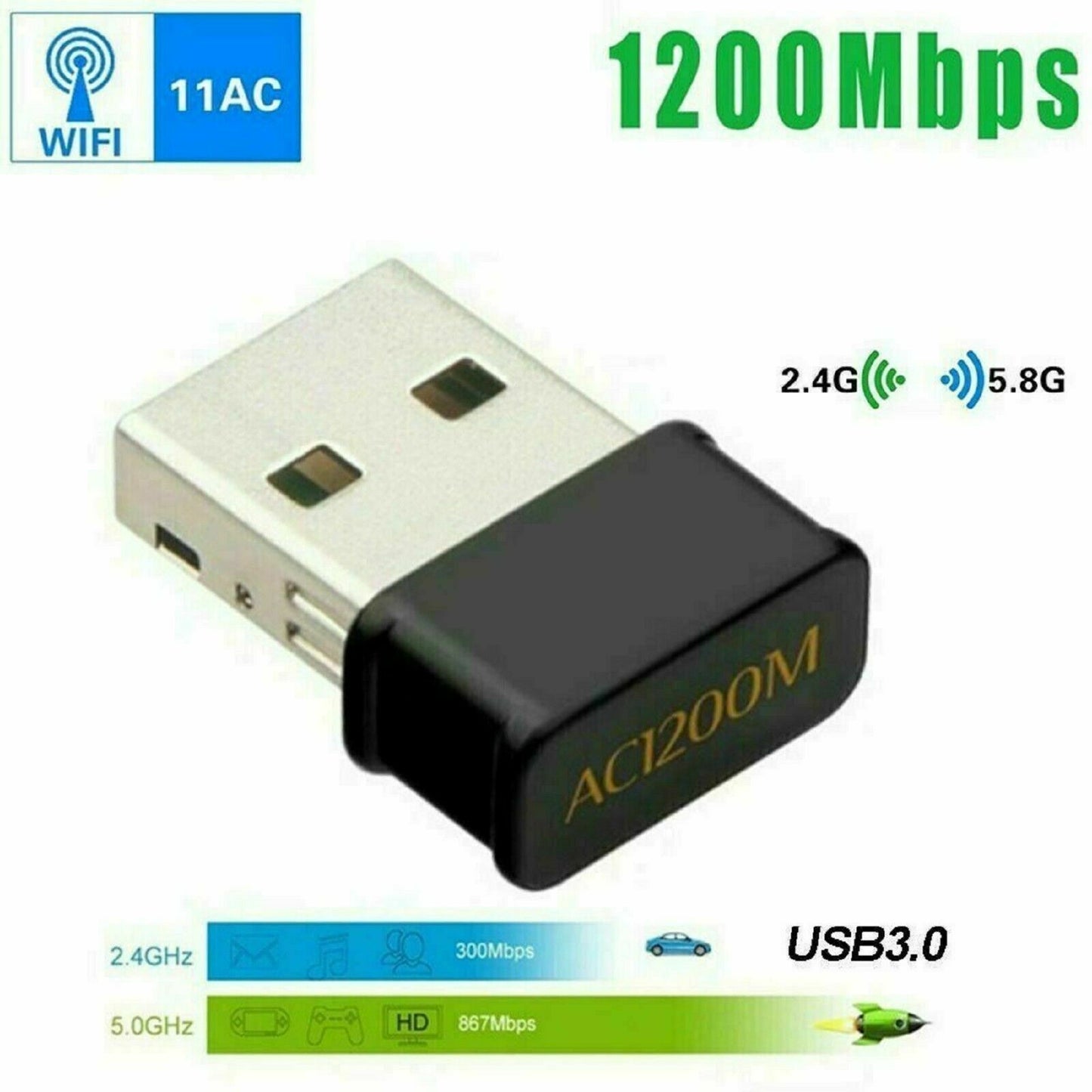 1200Mbps FAST USB Wireless WiFi Network Receiver Adapter 5GHz Dual Band Dongle For Windows Mac