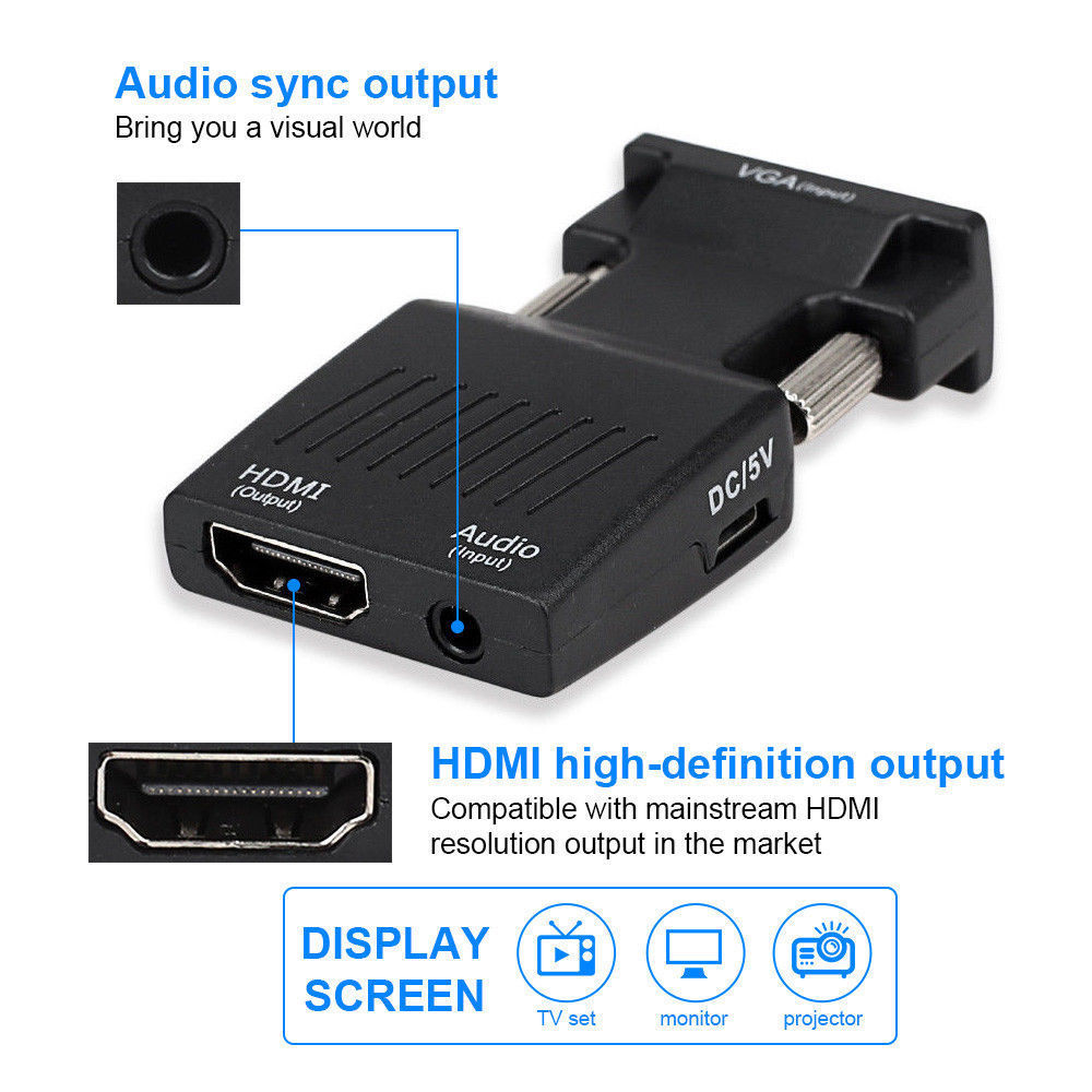 VGA to HDMI Male to Female Video Adapter Cable Converter with Audio HD 1080P