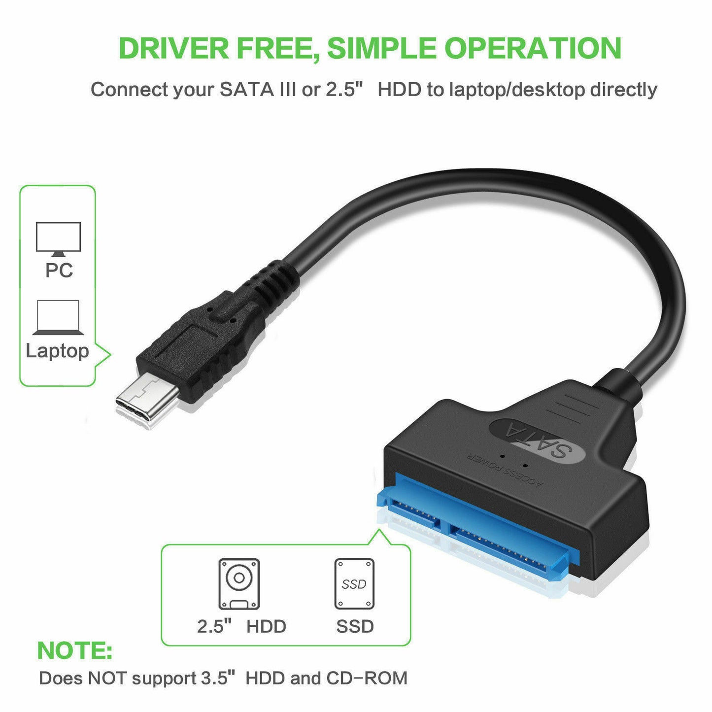 USB Type C to SATA III Converter Adapter Cable for 2.5-inch Hard Drive HDD SSD