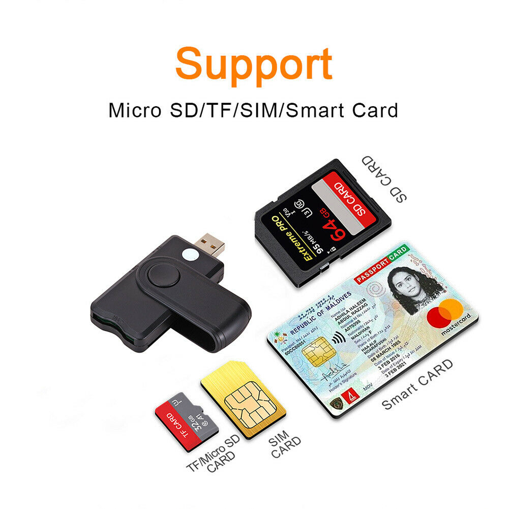 USB Smart Card Reader SD/TF/CAC/DOD/HC/MMC Micro SD Memory ID Bank Sim Card Adapter