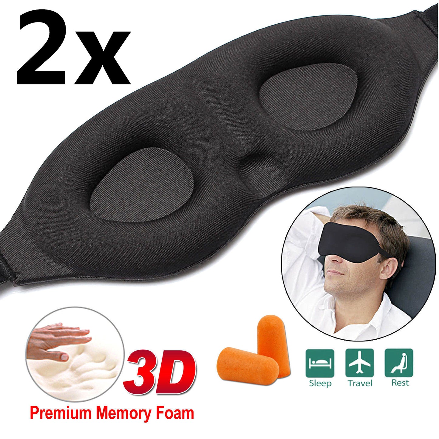 2x 3D Travel Sleep Eye Mask soft Memory Foam Padded Shade Cover Sleeping Blindfold