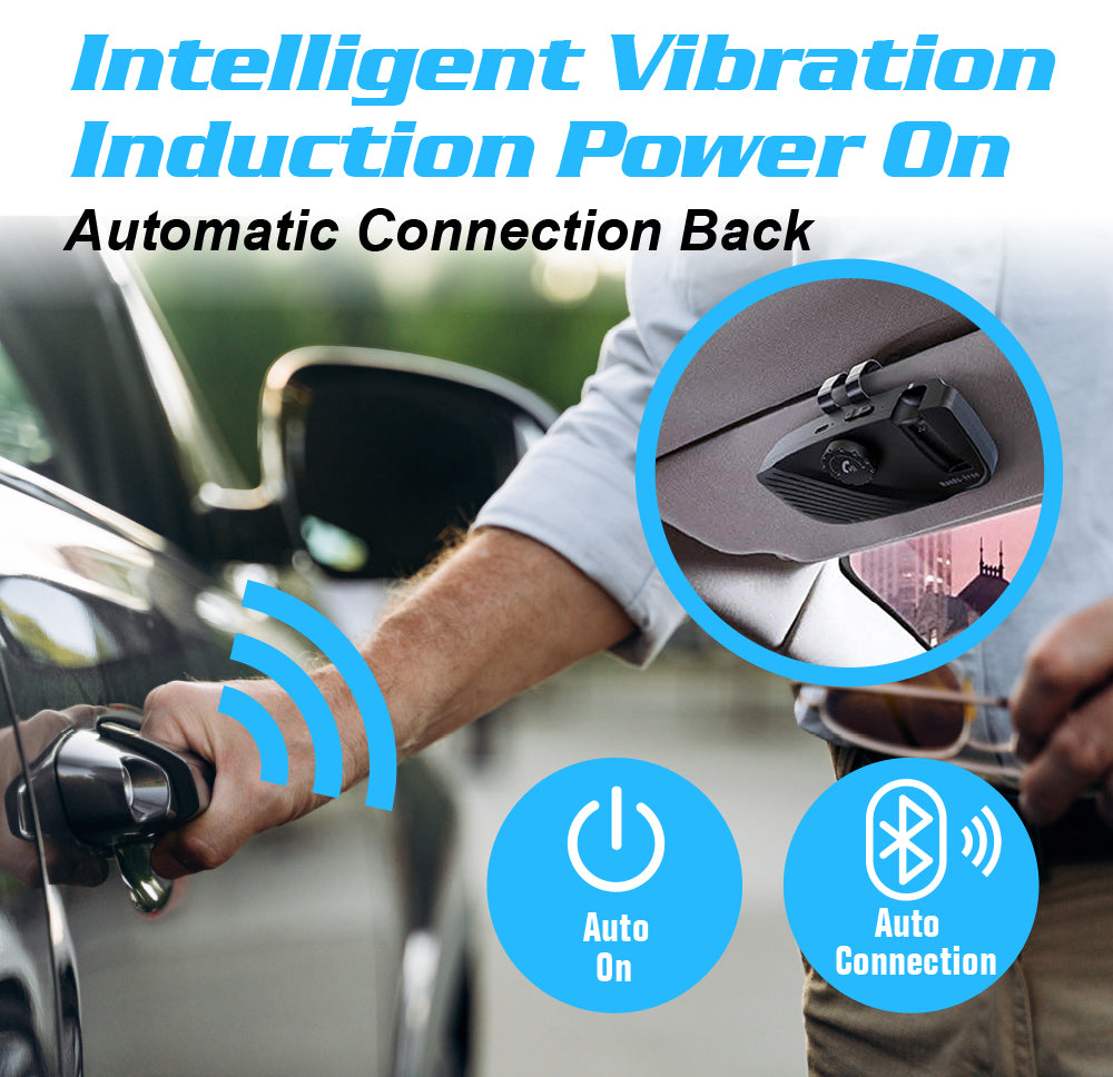 Handsfree Bluetooth Car Kit Receiver for Cell Phone with Visor Clip Speaker Support Siri Google Assistant Motion AUTO ON