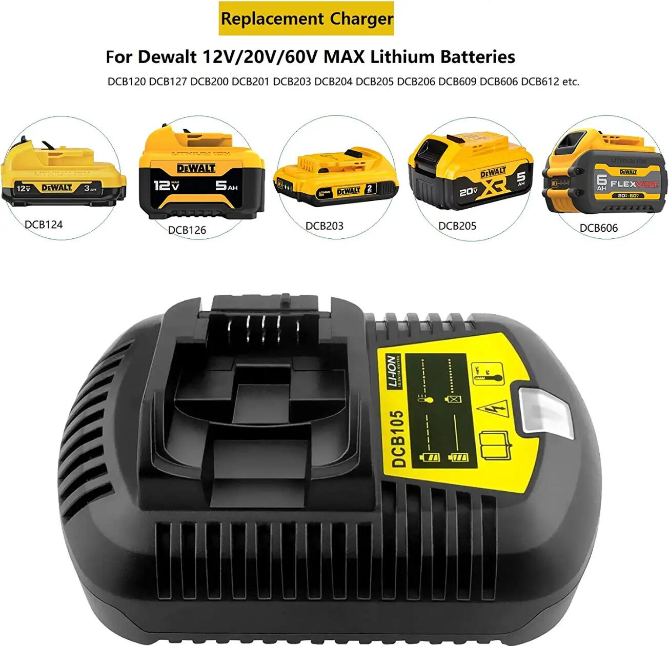 12V-20V Li-ion Battery Charger for Dewalt MAX XR Power Tools DCB105/DCB120/DCB203/DCB200/DCB201/DCB204/DCB180/DCB181/DCB182